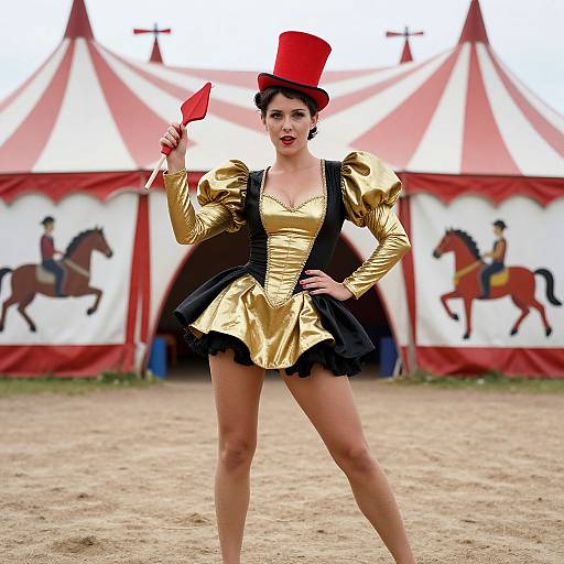 Photograph of a woman in a gold and black circus costume with puffed sleeves, red top hat, holding a red paddle, standing confidently in front