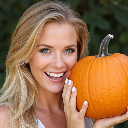 Blonde woman with blue eyes and white nails, smiling widely, holding a large orange pumpkin close to her face. Photographic image.