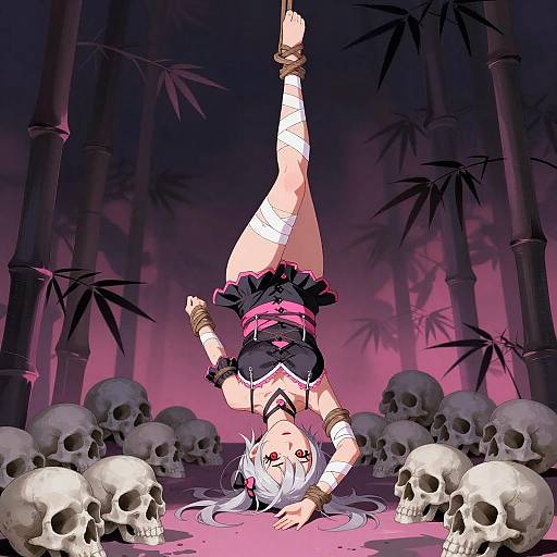 Silver-Haired Anime Woman Bound Upside Down