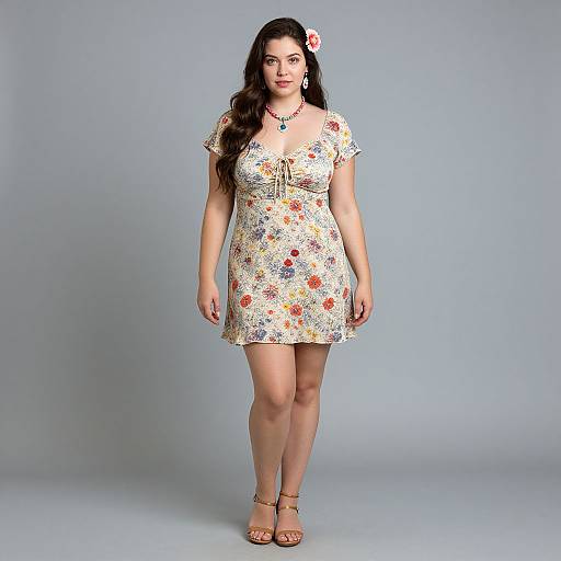 Photograph of a curvy woman with long dark hair, wearing a floral dress, flower hairpin, necklace, and sandals, standing against a plain