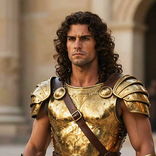 Photograph of a muscular, dark-haired man with curly locks, wearing intricate golden armor and a brown strap, standing in a blurred stone building background.