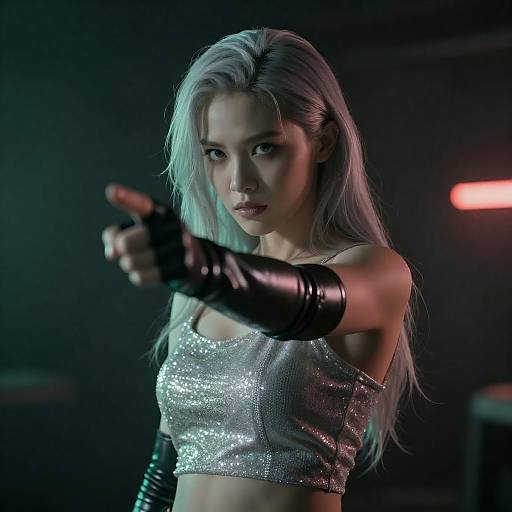 Determined Woman in Sparkly Outfit