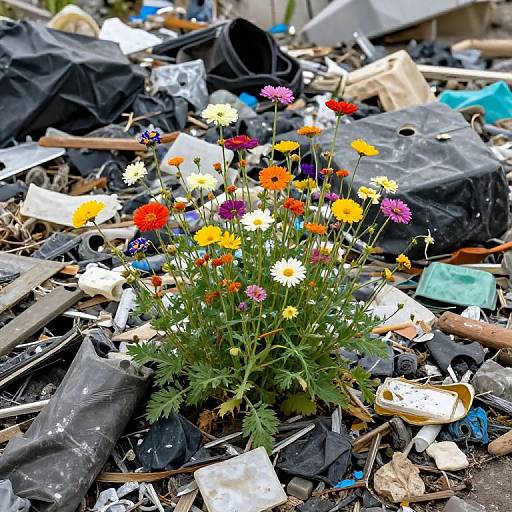 Photograph of vibrant wildflowers with red, yellow, white, and purple petals growing amidst a cluttered ground of trash bags, plastic, and debris