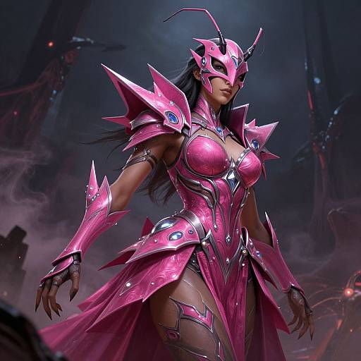 Digital art of a fierce, dark-skinned female warrior in pink, spiked armor with large breasts, wearing a matching helmet, standing in a smoky