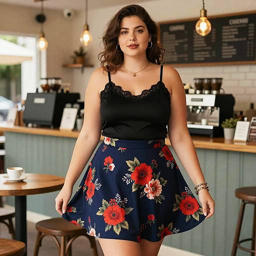 Chic Woman in Floral Skirt at Coffee Bar