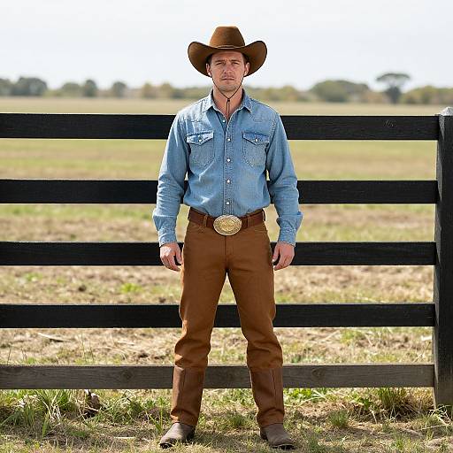 Photograph of a muscular, light-skinned man in a blue denim shirt, brown pants, cowboy hat, and boots, standing confidently in front of