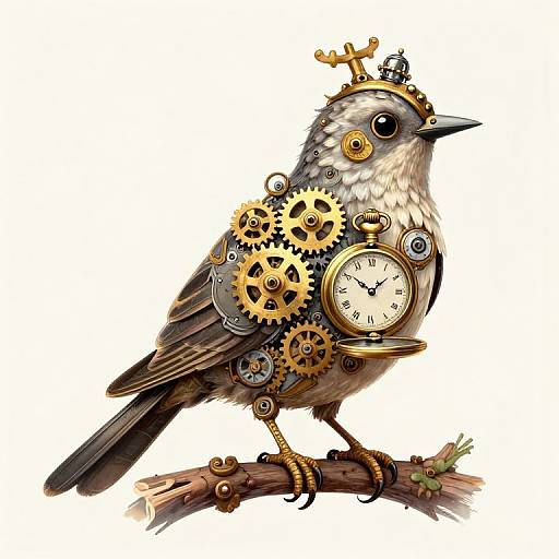 Steampunk-style digital illustration of a bird with gears, clock, crown, and golden cogs, perched on a branch against a white background