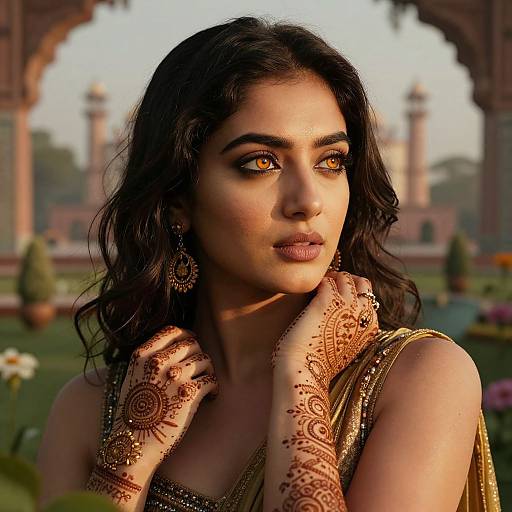 Photograph of a beautiful Indian woman with glowing amber eyes, dark wavy hair, intricate henna designs on hands, golden jewelry, and a traditional
