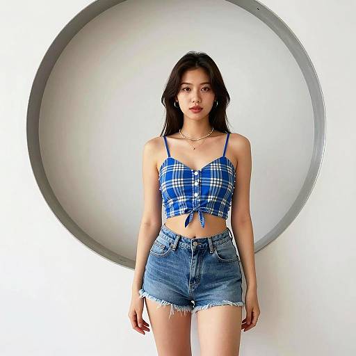 Young Woman in Blue Plaid Crop Top and Denim Shorts