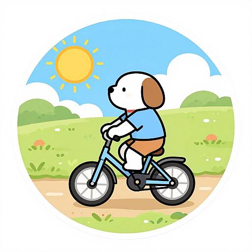 Cartoon dog in blue shirt and brown shorts riding a bicycle on a sunny, green field with clouds and flowers.
