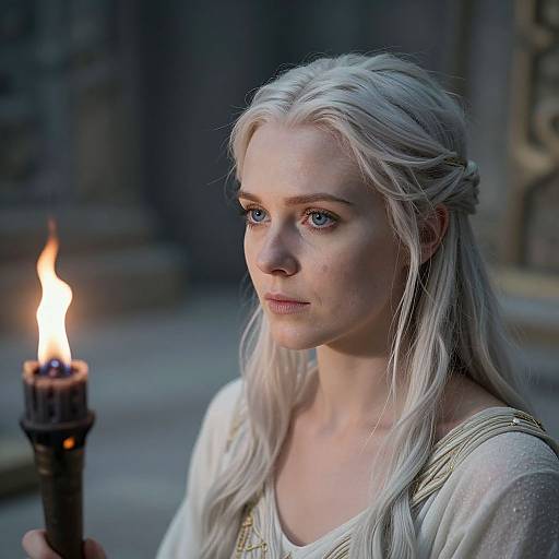 Photograph of a solemn, fair-skinned blonde woman with blue eyes, holding a lit candle, wearing a white, medieval-style dress. Dim,