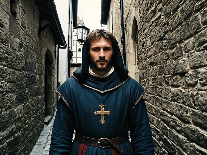 Photograph of a serious bearded man with long brown hair, wearing a black medieval monk's robe with a gold cross, standing in a narrow,