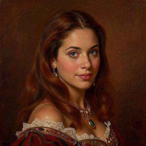 Digital portrait of a fair-skinned woman with blue eyes, long brown hair, wearing a lace-trimmed off-shoulder dress, gold jewelry