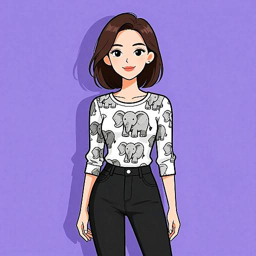 Digital anime-style illustration of a smiling woman with short brown hair, wearing a white elephant-patterned blouse and black high-waisted pants, against a