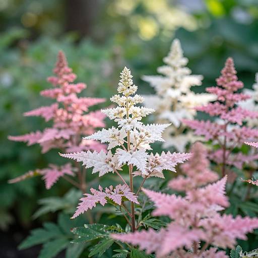 Photograph of delicate pink and white flowering plants with spiky petals, set against a blurred green garden background. Bright sunlight highlights the white flowers in the