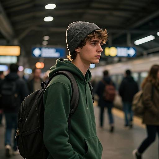 Photograph of a young man with curly brown hair, wearing a gray beanie, green hoodie, and black backpack, standing in a busy, illuminated
