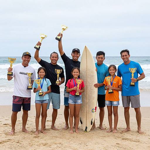 Photograph of seven surfers, six men and one girl, holding trophies, standing on sandy beach with surfboard, ocean background.