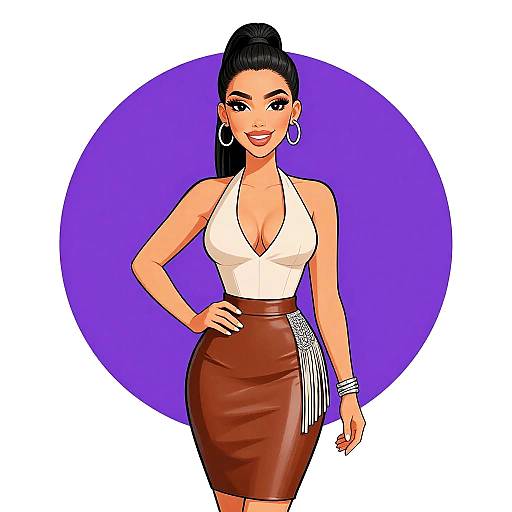 Digital illustration of a confident woman with dark hair in a high ponytail, wearing a white halter top, brown leather skirt, and large hoop earrings
