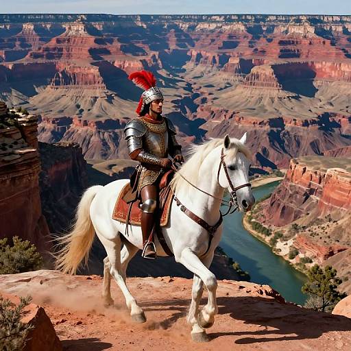 Digital artwork of a Native American warrior in silver armor with a red feather headdress, riding a white horse over Grand Canyon, with Colorado River in background