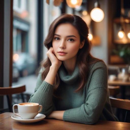 Photograph of a young woman with light brown, shoulder-length hair, wearing a gray knit sweater, resting her chin on her hand in a warmly lit