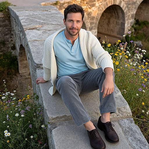 Photograph of a bearded man with short dark hair, wearing a white cardigan, light blue polo, gray pants, and black shoes, sitting