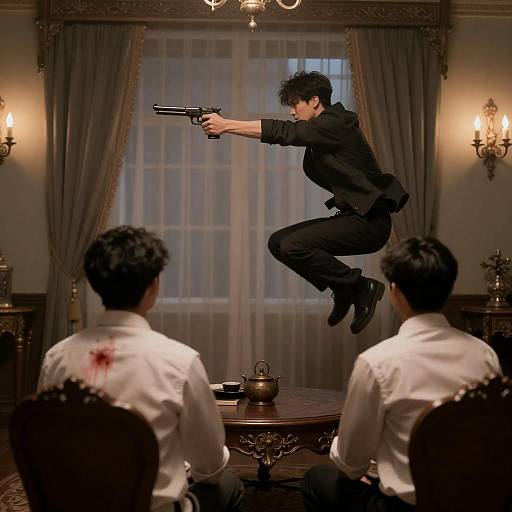 Dramatic Standoff in Dimly Lit Room