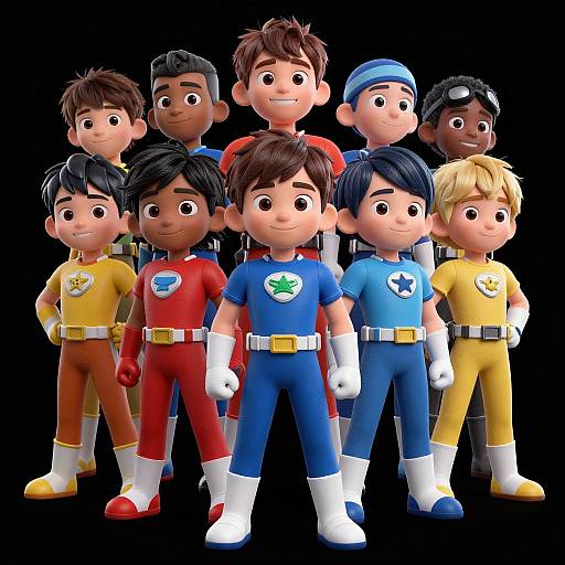 CGI image of nine cartoon-style, diverse children superheroes standing in a group, each wearing colorful costumes with logos, white gloves, and boots.