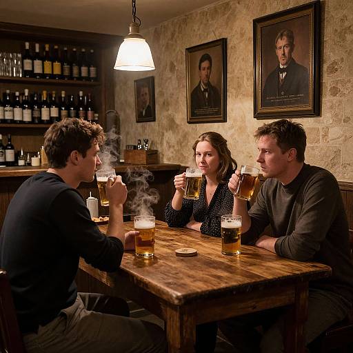 Photograph of three young adults, two men and one woman, drinking beer at a rustic wooden table in a dimly lit pub, with framed portraits