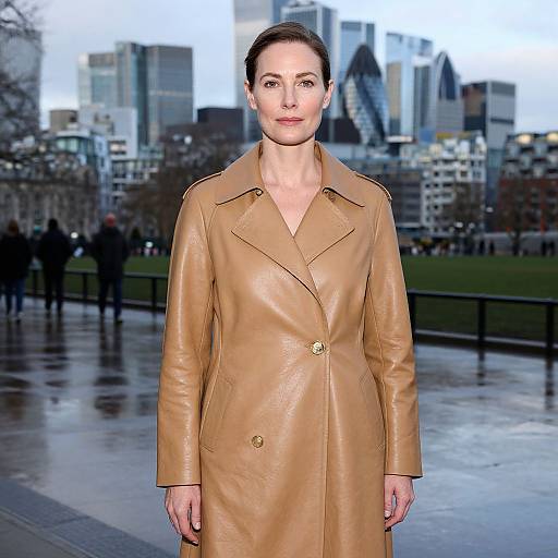 Photograph of a woman with light skin and brown hair, wearing a tan leather coat, standing in a rainy urban park with modern skyscrapers in