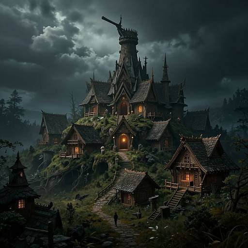 Fantastical, gothic-style, dark wooden castle with spires and glowing windows on a mossy hill under a stormy, moonlit sky