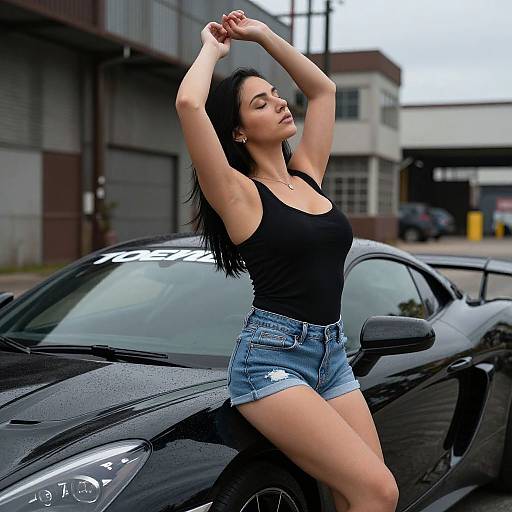 Photograph of a confident woman with long black hair, wearing a black tank top and denim shorts, stretching arms above head, standing beside a wet black