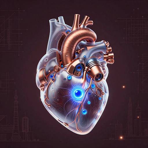 CGI image of a futuristic, glowing, metallic human heart with copper pipes, blue bioluminescent lights, and intricate mechanical parts against a dark