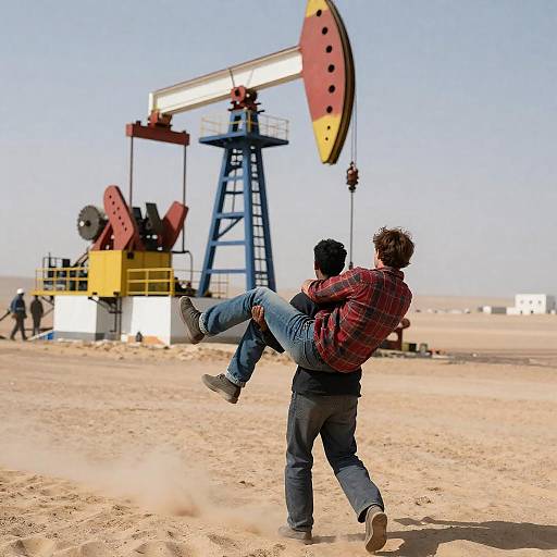 Man Carrying Another Near Desert Oil Rig