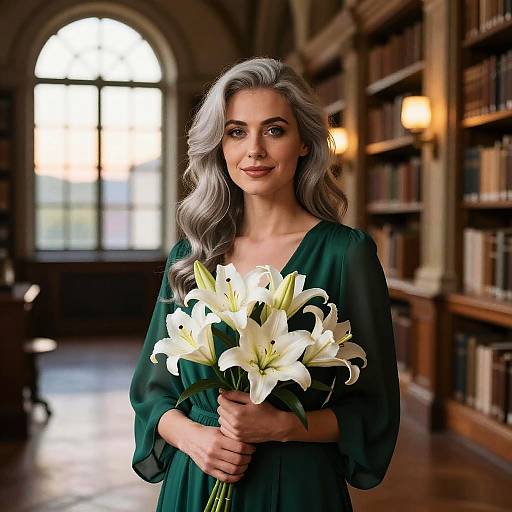 Photograph of a smiling woman with long silver hair, wearing a green dress, holding a bouquet of white lilies, in a dimly lit,