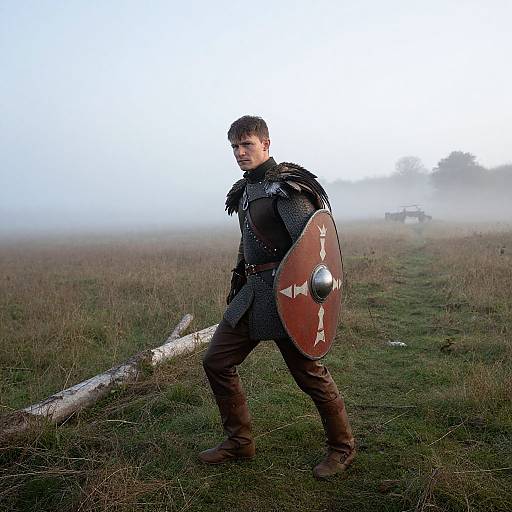 Photograph of a medieval warrior in black armor, brown boots, and fur cape, holding a red shield, standing in a foggy, grassy