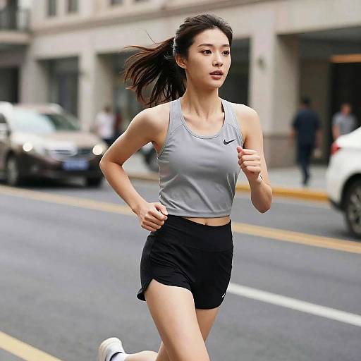 Woman Running on City Street in Gray Tank Top