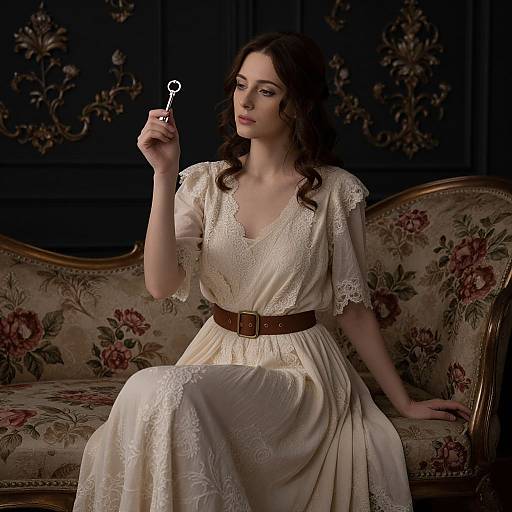 Photograph of a pale-skinned woman with wavy brown hair, wearing a cream lace dress with brown belt, holding a key, sitting on a