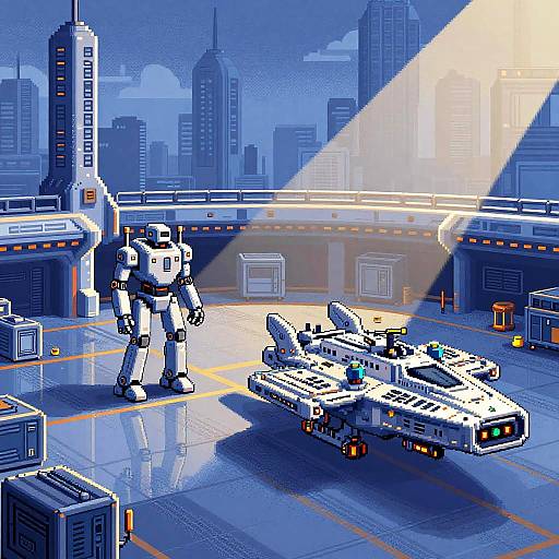 Pixel Art Futuristic Spaceport Scene