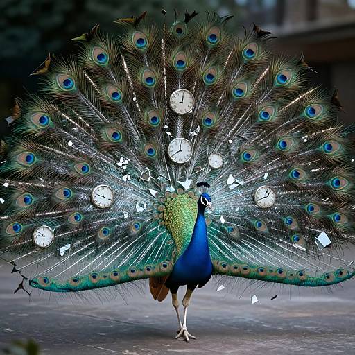 Photograph of a vibrant peacock with an expansive, iridescent tail displaying vivid blue, green, and peacock feather eyespots, standing