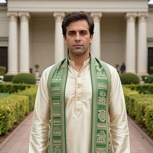 Photograph of a serious-looking South Asian man with short black hair, wearing a white traditional shalwar kameez and a green embroidered scarf,