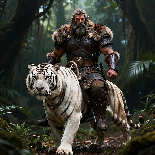Muscular bearded warrior in dark leather armor with fur trim rides a white tiger through a dense, misty forest. CGI image.