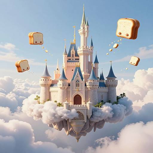 Digital illustration of a floating, fairy-tale castle with blue turrets and golden spires, surrounded by clouds, with slices of bread hovering in the
