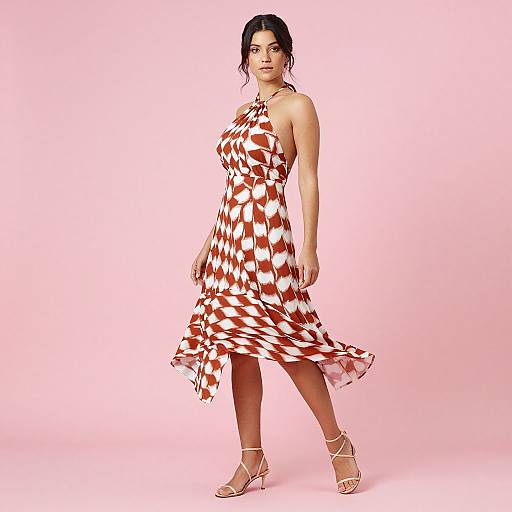 Photograph of a confident woman with dark hair in a red and white geometric patterned sleeveless dress, white sandals, standing against a pink background.