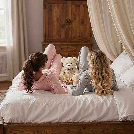 Two Women Relaxing on Bed in Pajamas with Teddy Bear