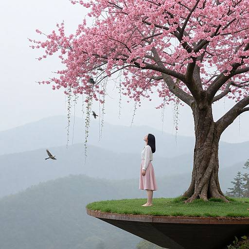 Digital art: Anime girl in pink dress stands under pink cherry blossom tree, floating above misty landscape, bird flying nearby.