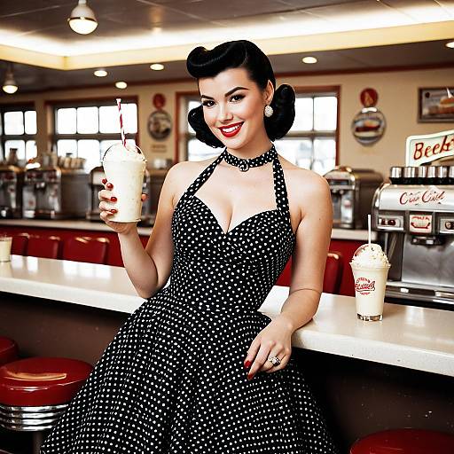 1950s Pin-Up Woman with Milkshake at Retro Diner
