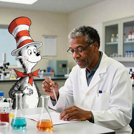 Photograph of an African-American scientist in a white lab coat, smiling, holding a pipette, with a cartoonish white cat in a red-striped