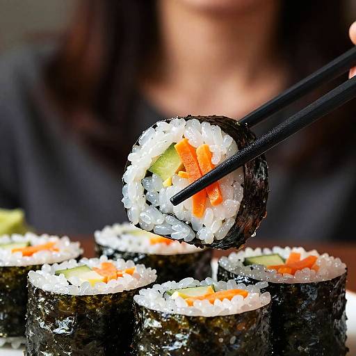 Close-up photograph of sushi rolls with orange and white fillings, wrapped in nori, held by black chopsticks, background blurred.