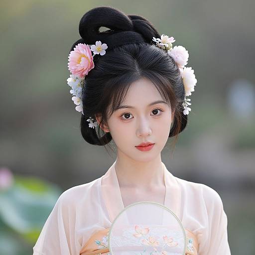 Photograph of an East Asian woman with black hair in an elaborate bun, adorned with flowers, wearing a sheer white kimono, holding a glowing fan