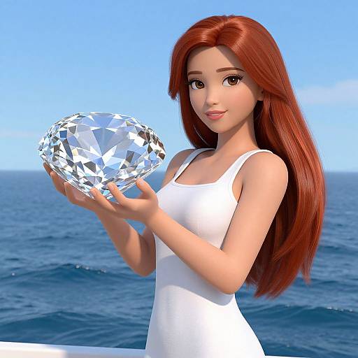 Digital CGI of a red-haired woman in a white tank top holding a large, faceted diamond against a clear blue ocean background.